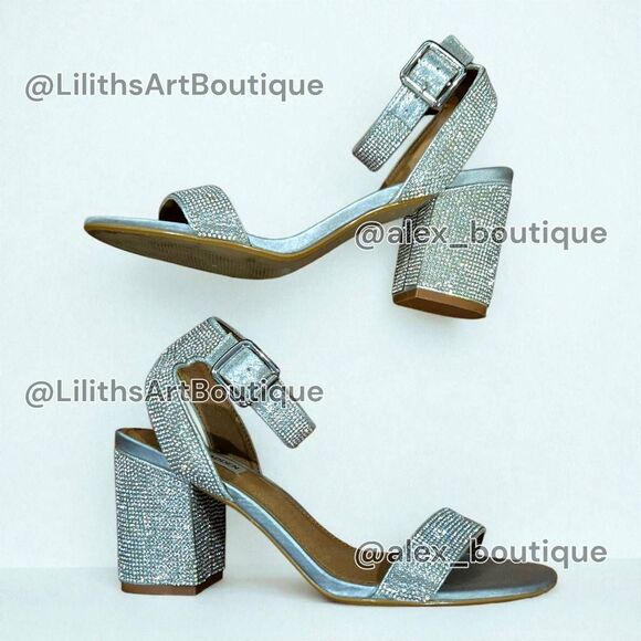 Steve Madden Malia Silver Rhinestone Strappy Chunky Block Heel Sandals(F038) - Picture 7 of 12